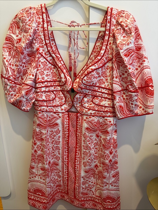 FARM Rio Dresses & Skirts - FARM Rio Red and White Puff-Sleeve Tie-Back Mini Dress
